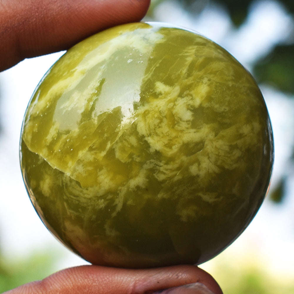 gemsmore:Beautiful  Lemon Chrysoprase Crystal Hand Carved Healing Sphere