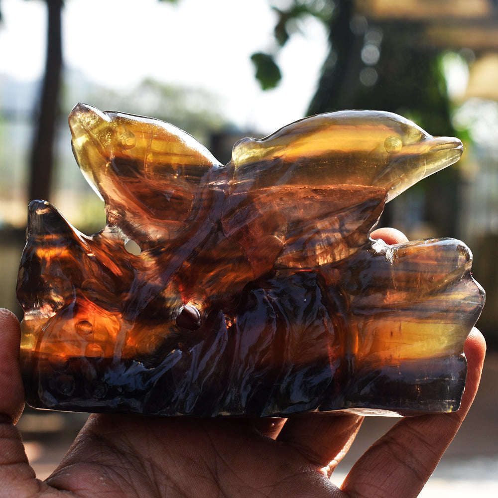 gemsmore:Beautiful Multicolor Fluorite Hand Carved Genuine Crystal Gemstone Twin Dolphin Carving