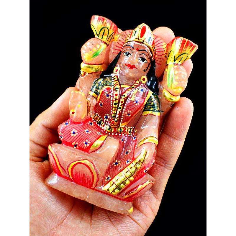 gemsmore:Beautiful Pink Rose Quartz Enamel Painted Carved Lordess Lakshmi