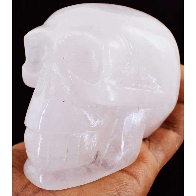 gemsmore:Beautiful Pink Rose Quartz Hand Carved Human Skull