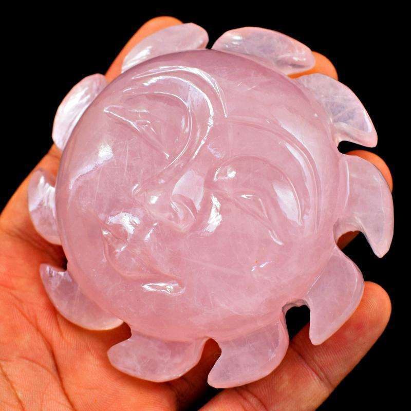 gemsmore:Beautiful Pink Rose Quartz Hand Carved Sun Face