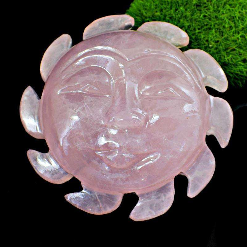 gemsmore:Beautiful Pink Rose Quartz Hand Carved Sun Face