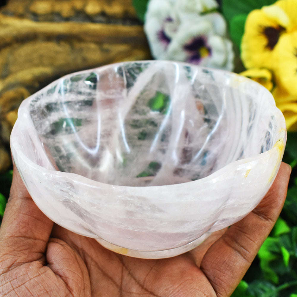 gemsmore:Beautiful Rose Quartz  Hand Carved Hugh Bowl
