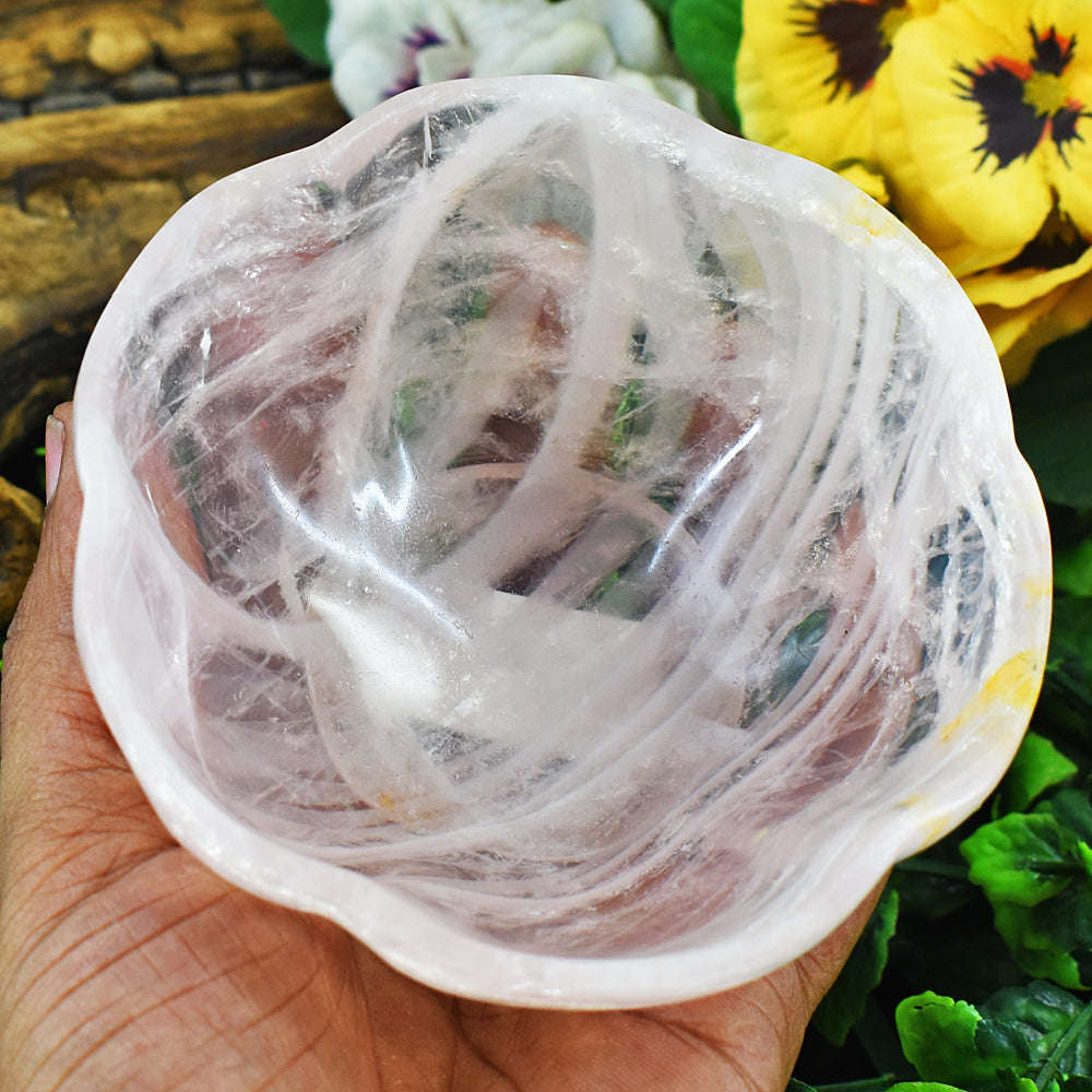 gemsmore:Beautiful Rose Quartz  Hand Carved Hugh Bowl