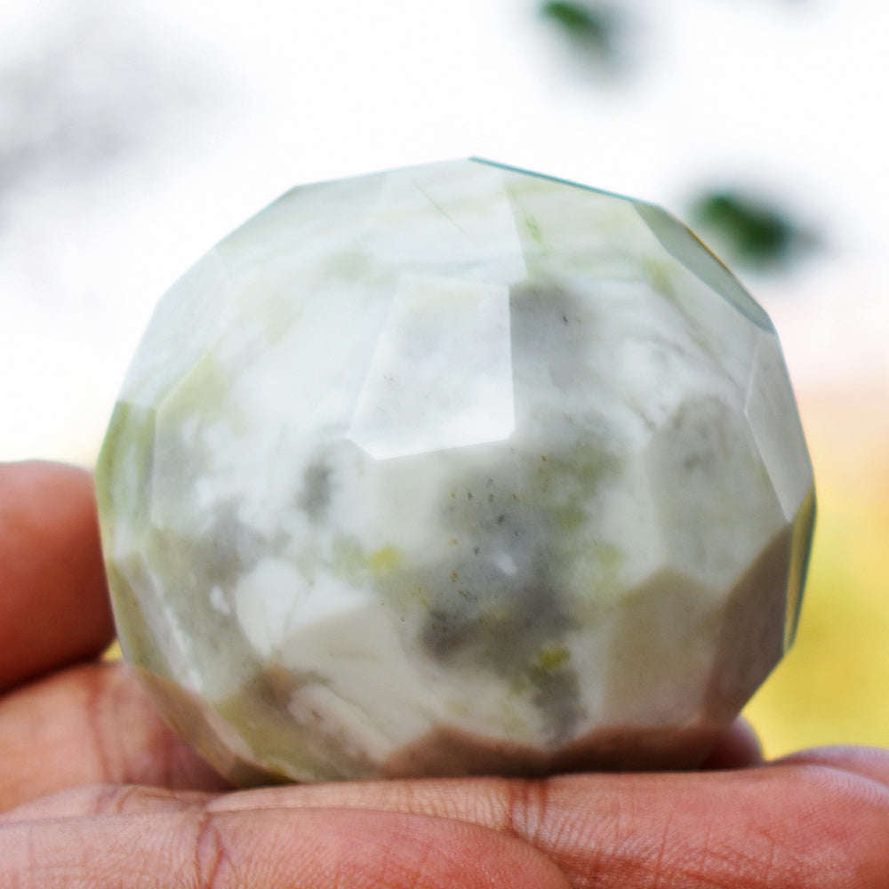 gemsmore:Beautiful Serpentine Hand Carved Checkers Cut Crystal Healing Sphere