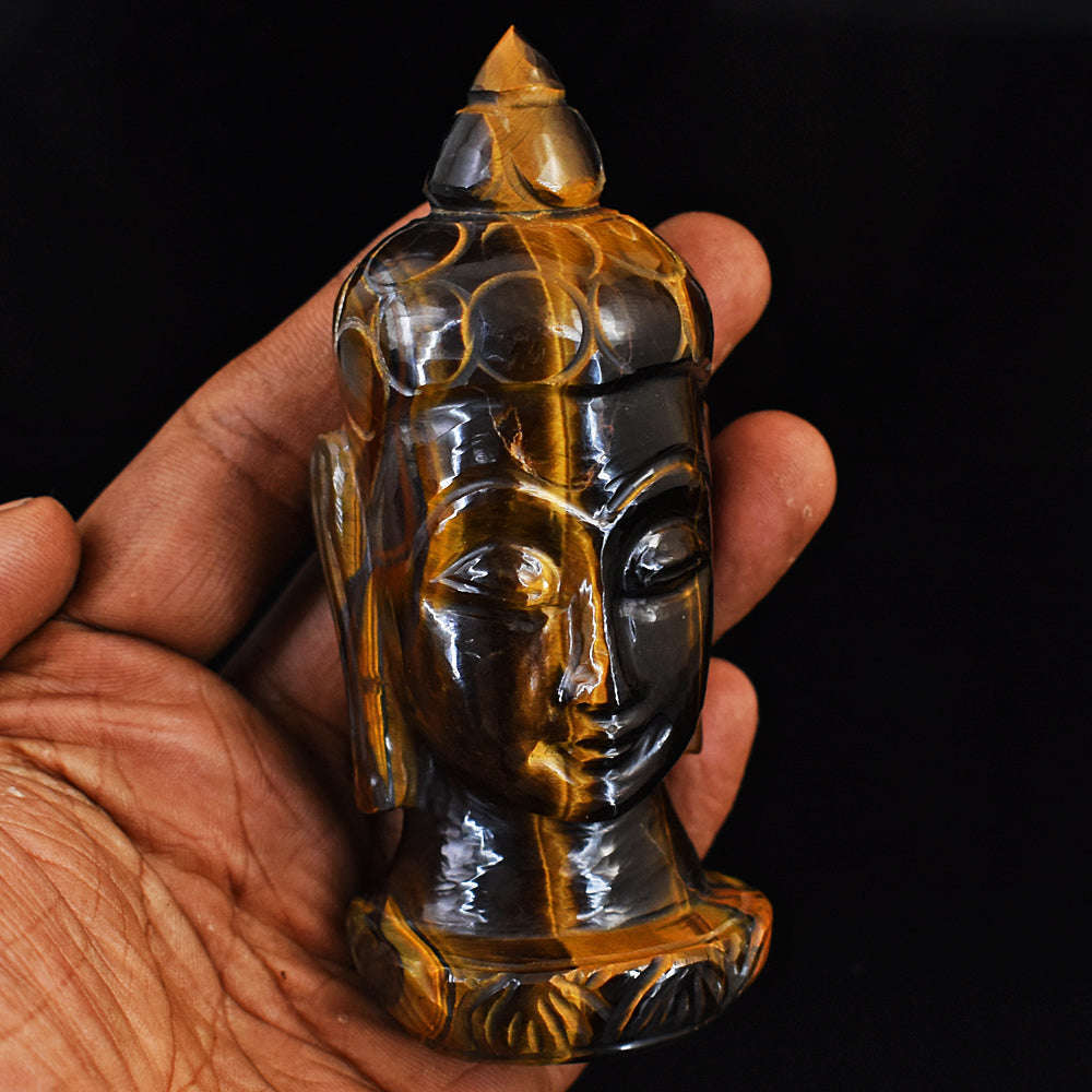 gemsmore:Beautiful Tiger Eye Hand Carved Genuine Crystal Gemstone Carving Buddha Head