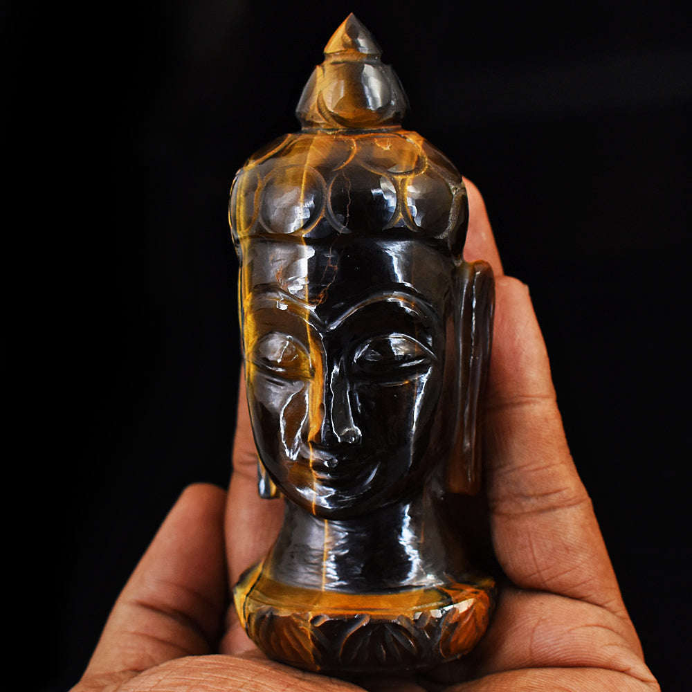 gemsmore:Beautiful Tiger Eye Hand Carved Genuine Crystal Gemstone Carving Buddha Head