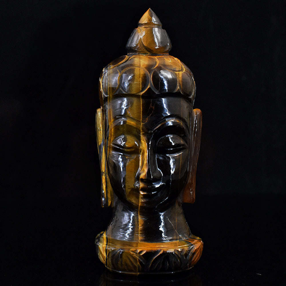 gemsmore:Beautiful Tiger Eye Hand Carved Genuine Crystal Gemstone Carving Buddha Head