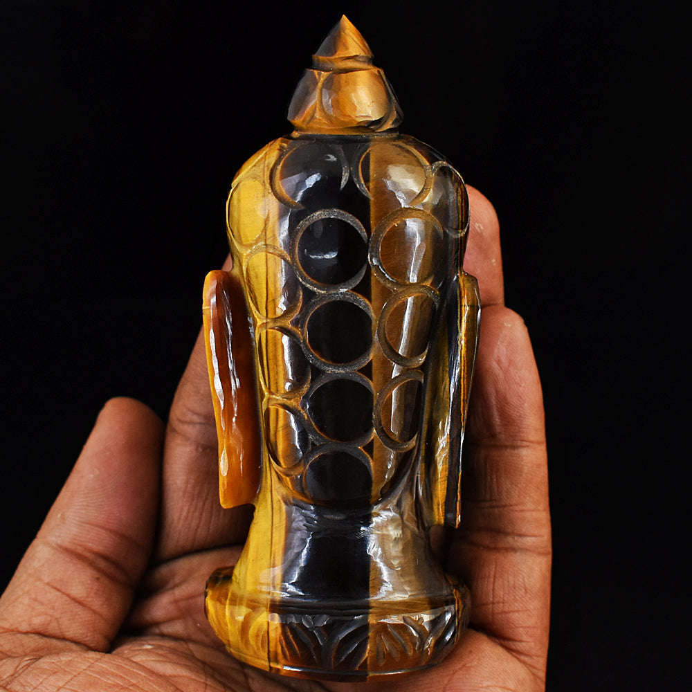 gemsmore:Beautiful Tiger Eye Hand Carved Genuine Crystal Gemstone Carving Buddha Head