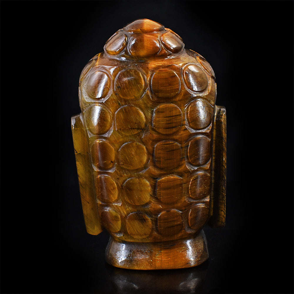 gemsmore:Beautiful Tiger Eye Hand Carved Genuine Crystal Gemstone Carving Buddha Head