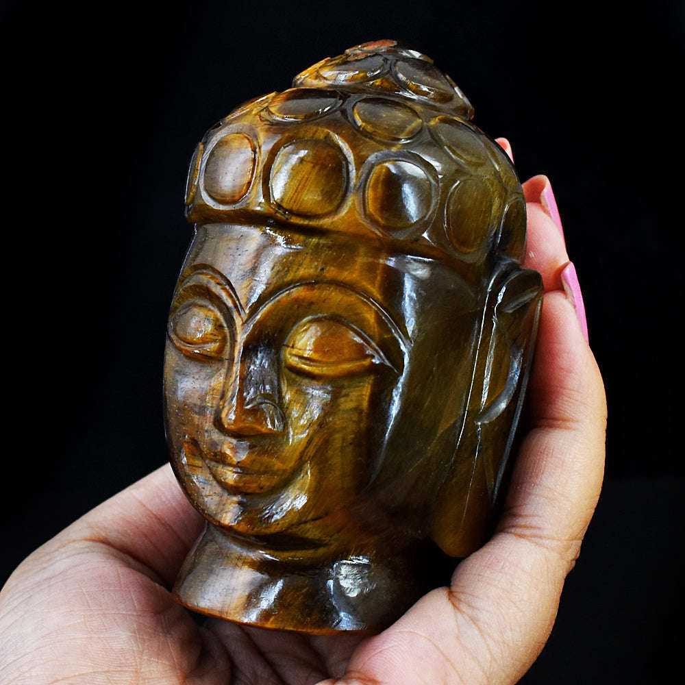 gemsmore:Beautiful Tiger Eye Hand Carved Genuine Crystal Gemstone Carving Buddha Head