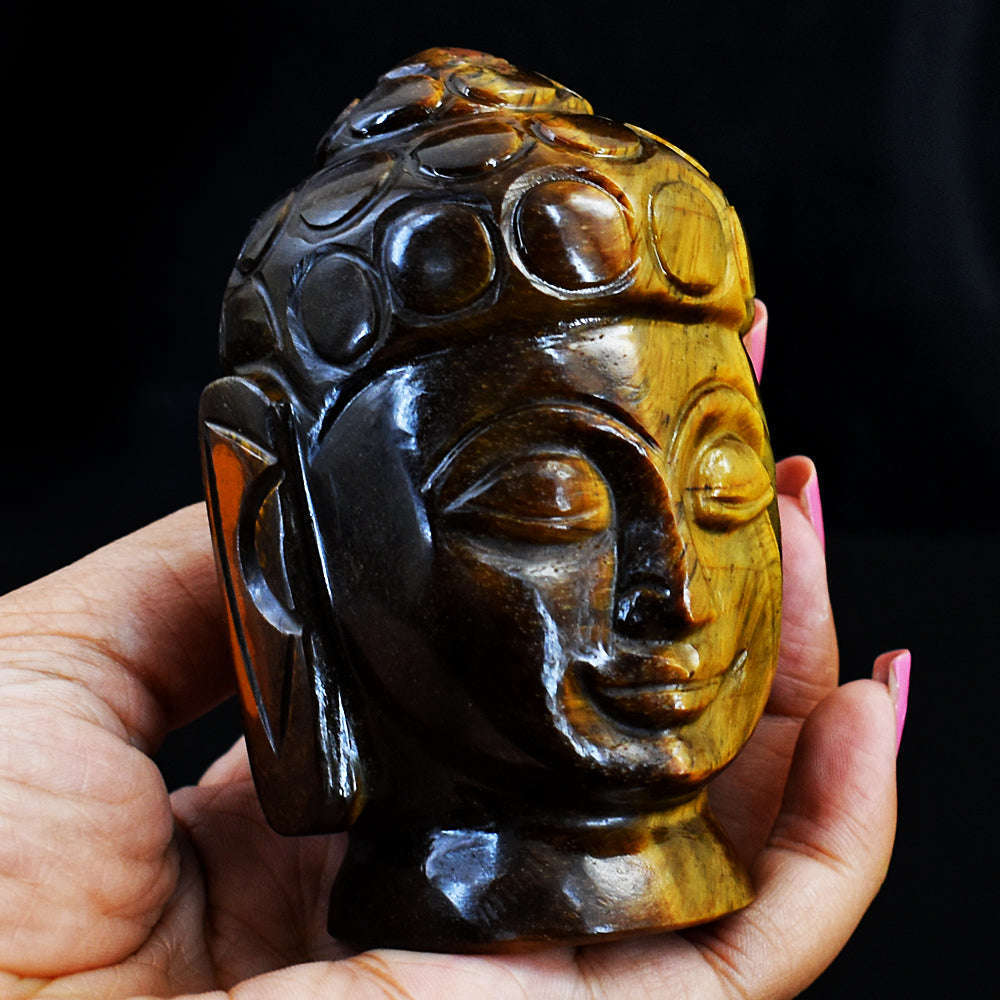 gemsmore:Beautiful Tiger Eye Hand Carved Genuine Crystal Gemstone Carving Buddha Head