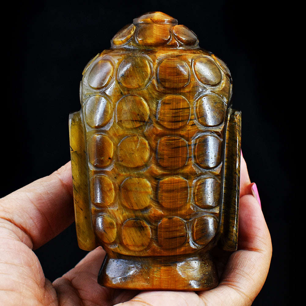 gemsmore:Beautiful Tiger Eye Hand Carved Genuine Crystal Gemstone Carving Buddha Head