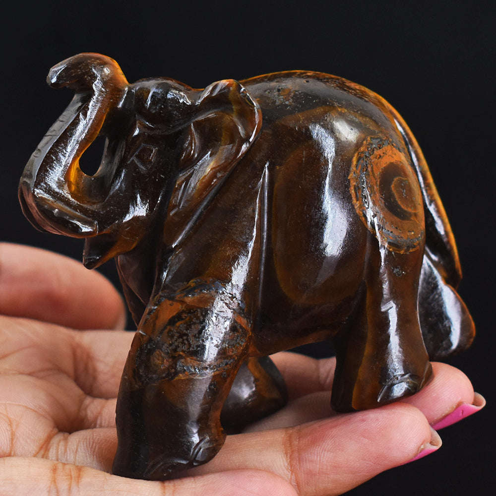 gemsmore:Beautiful Tiger Eye Hand Carved Genuine Crystal Gemstone Carving Elephant