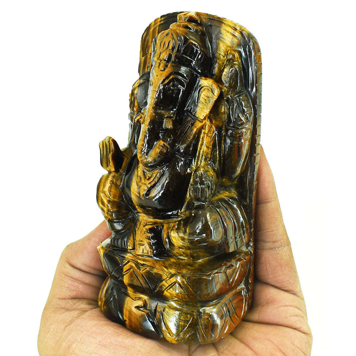 gemsmore:Beautiful Tiger Eye Hand Carved Genuine Crystal Gemstone Carving Lord Ganesha