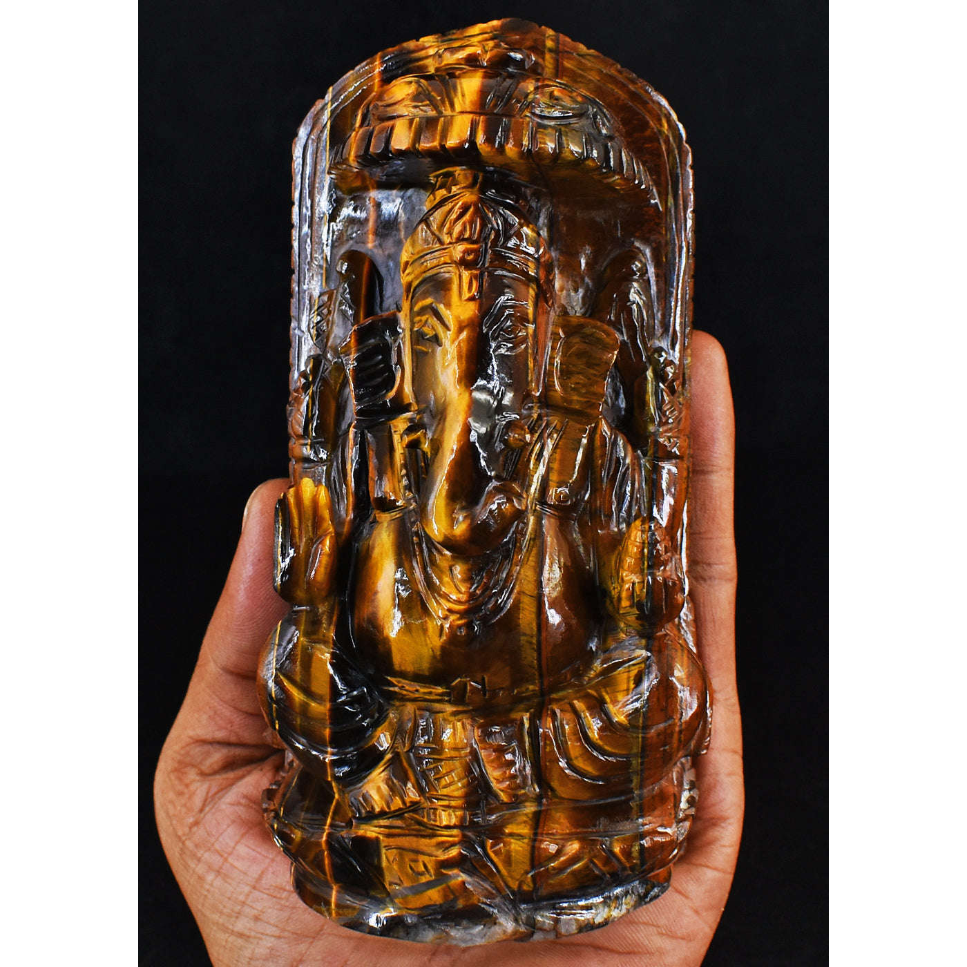 gemsmore:Beautiful Tiger Eye Hand Carved Genuine Crystal Gemstone Carving Lord Ganesha