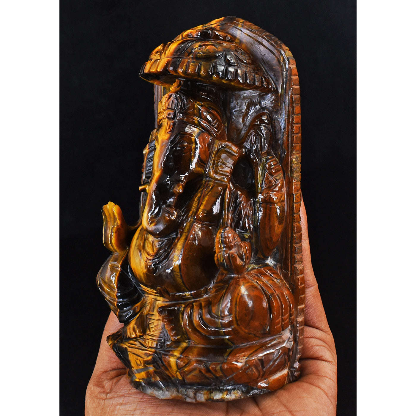 gemsmore:Beautiful Tiger Eye Hand Carved Genuine Crystal Gemstone Carving Lord Ganesha