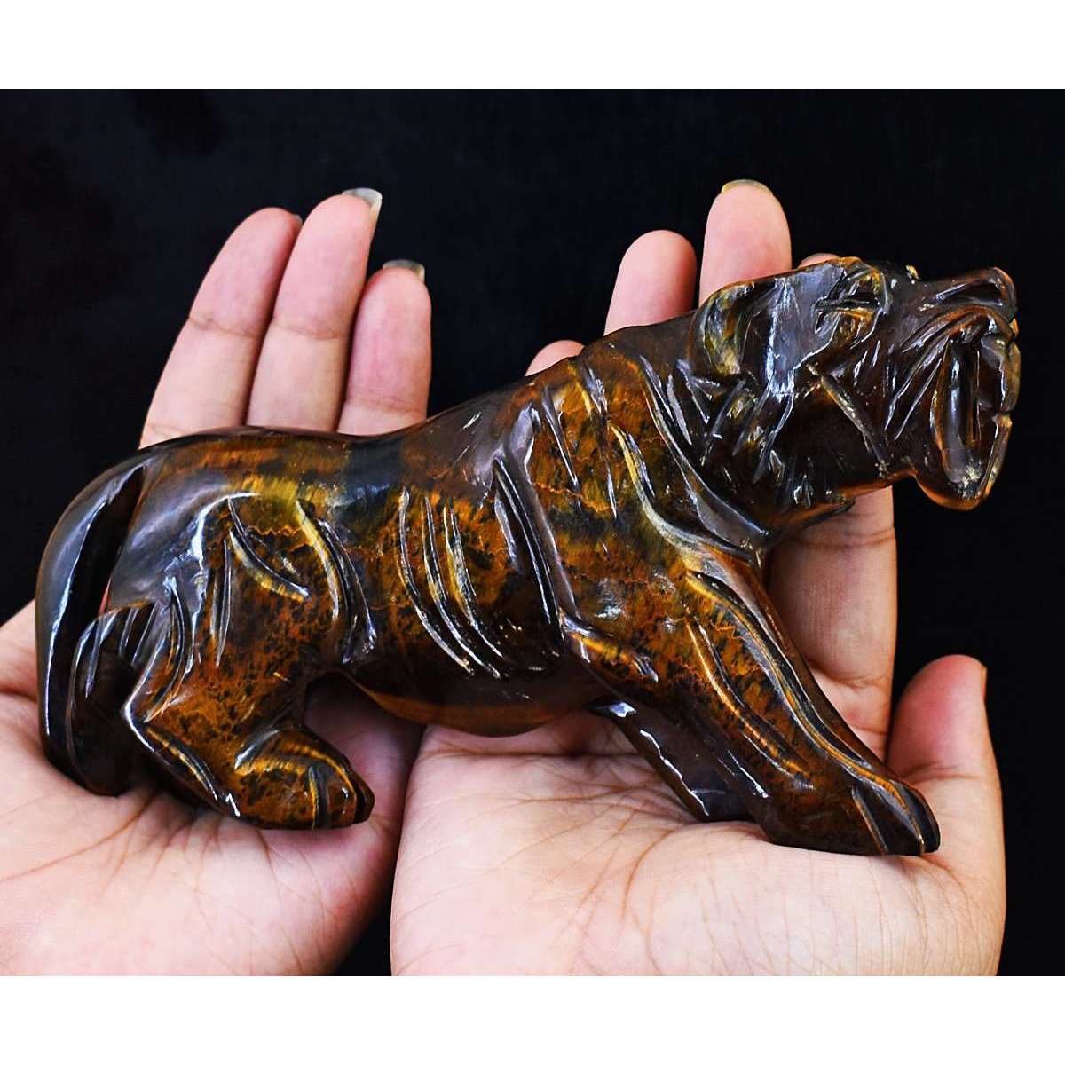 gemsmore:Beautiful Tiger Eye Hand Carved Lion
