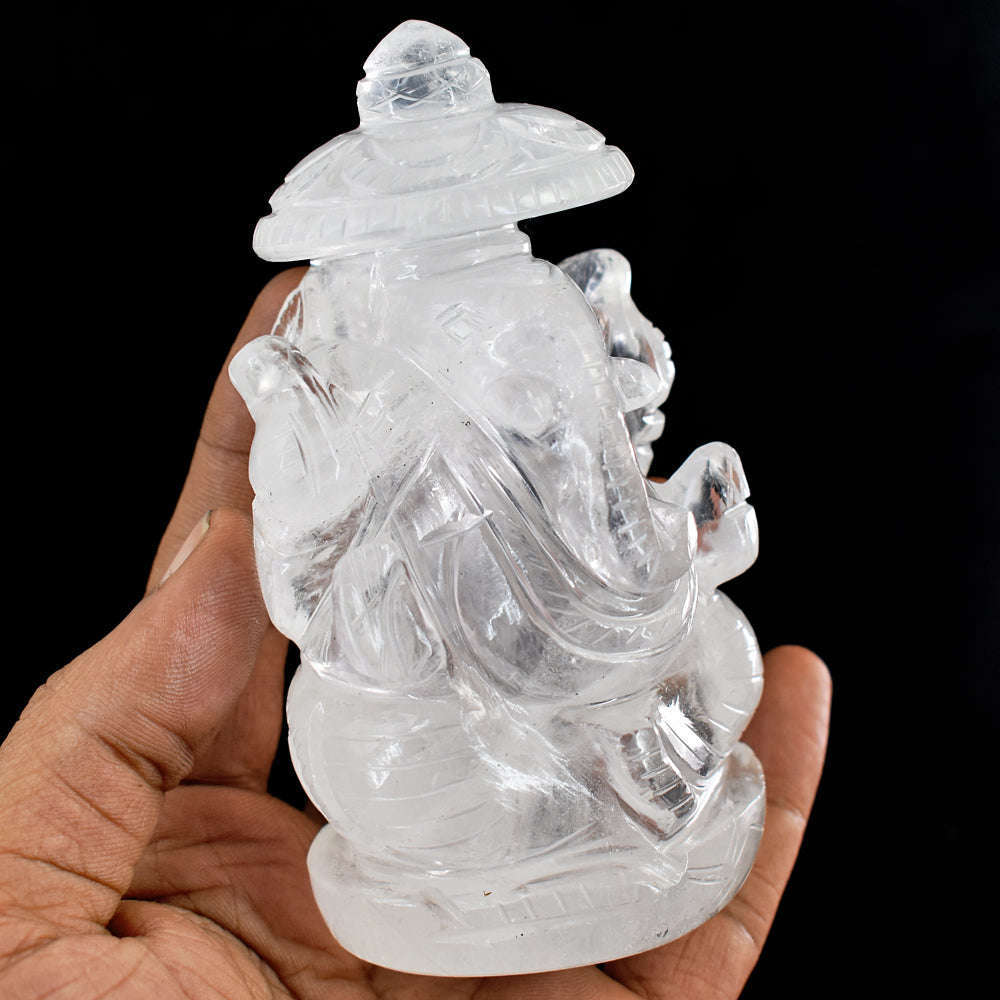gemsmore:Beautiful  White Quartz  Hand Carved  Lord Ganesha With Throne