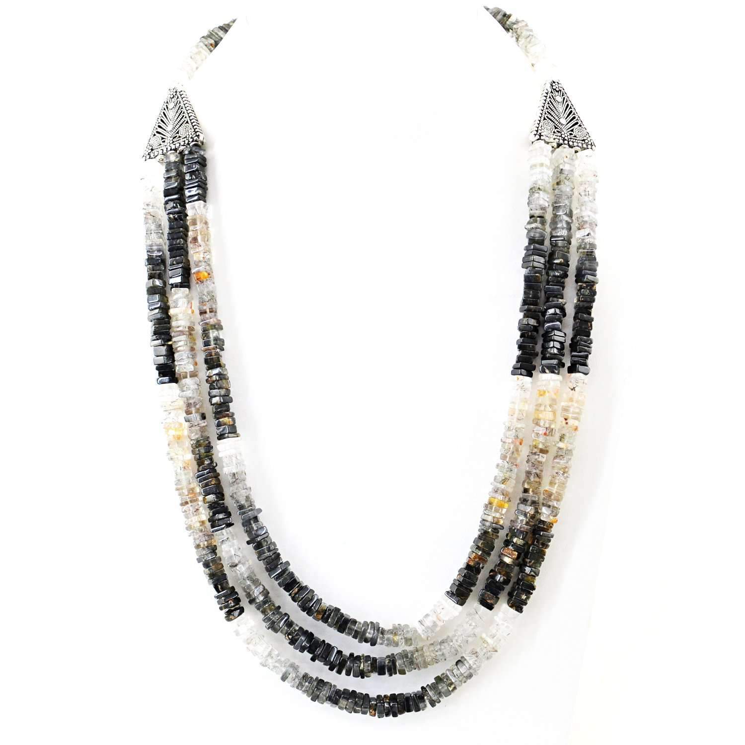 gemsmore:Black & White Rutile Quartz Necklace Natural 3 Strand Unheated Beads - Rare