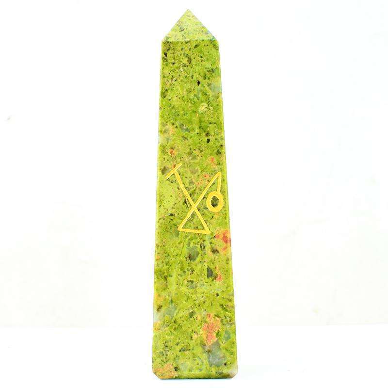 gemsmore:Blood Green Unakite Hand Carved Healing Point Symbol