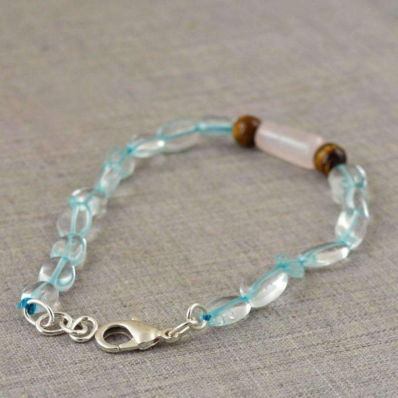 gemsmore:Blue Aquamarine & Golden Tiger Eye Bracelet Natural Untreated Beads