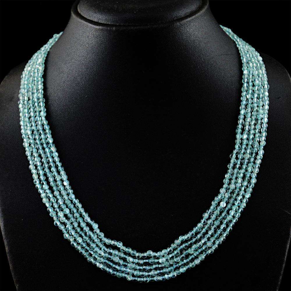 gemsmore:Blue Aquamarine Necklace Natural 5 Strand Round Shape Beads