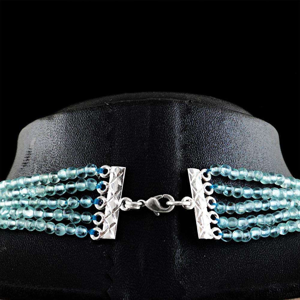 gemsmore:Blue Aquamarine Necklace Natural 5 Strand Round Shape Beads