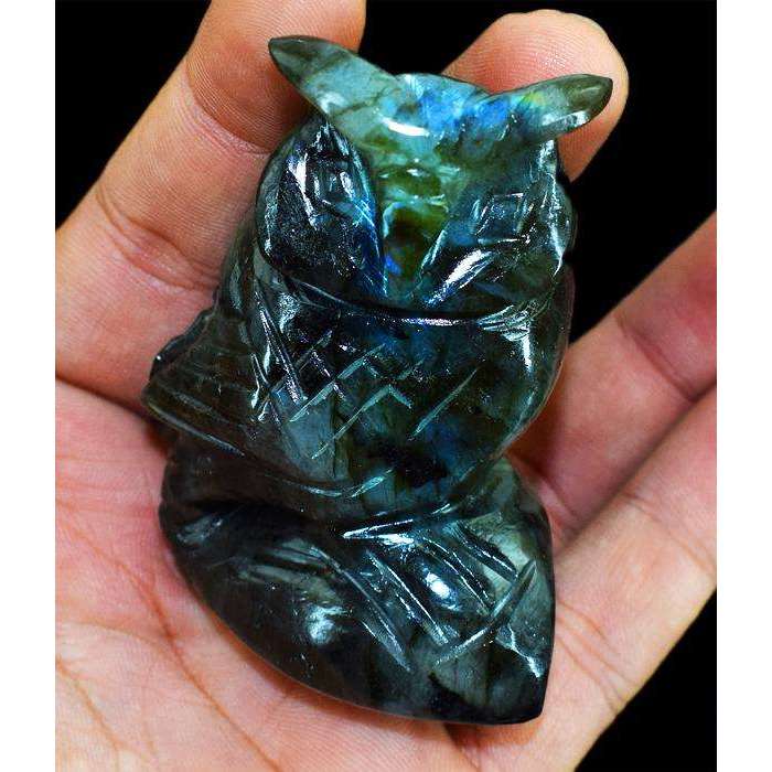 gemsmore:Blue Flash Labardorite Hand Carved Gemstone Owl