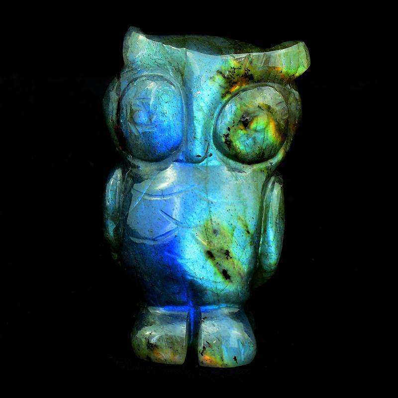 gemsmore:Blue Flash Labardorite Hand Carved Gemstone Owl