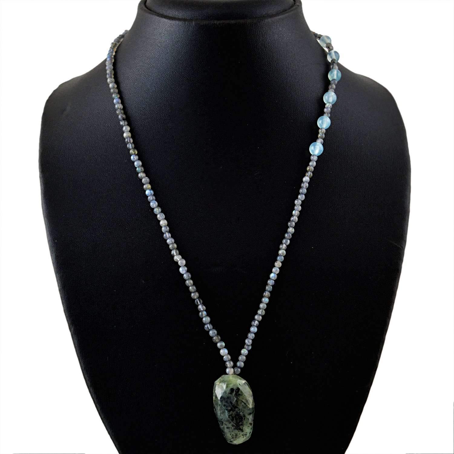 gemsmore:Blue Flash Labradorite & Blue Aquamarine Necklace Natural Round Beads