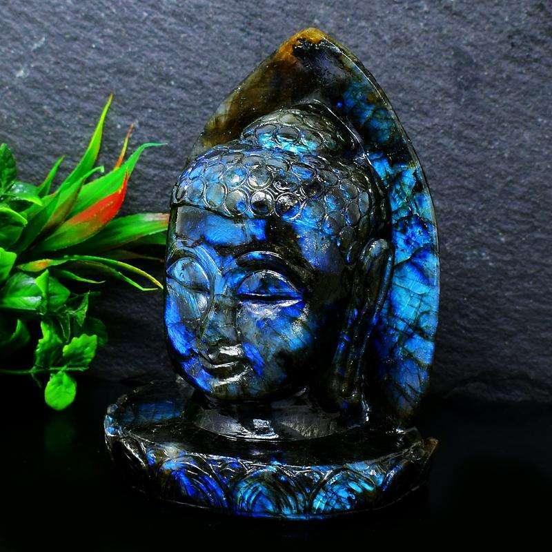 gemsmore:Blue Flash Labradorite Carved Buddha Head With Leaf