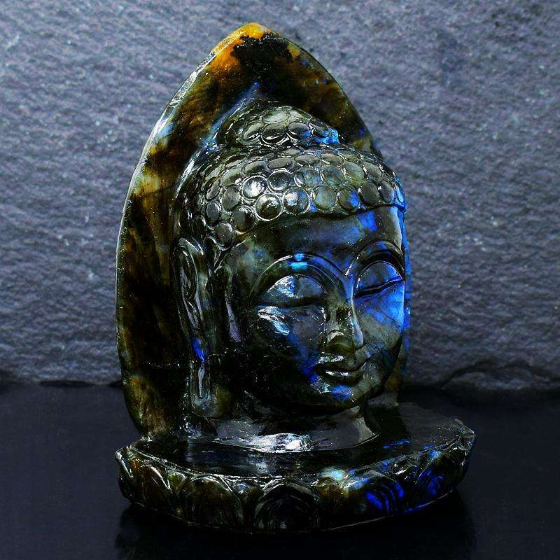 gemsmore:Blue Flash Labradorite Carved Buddha Head With Leaf