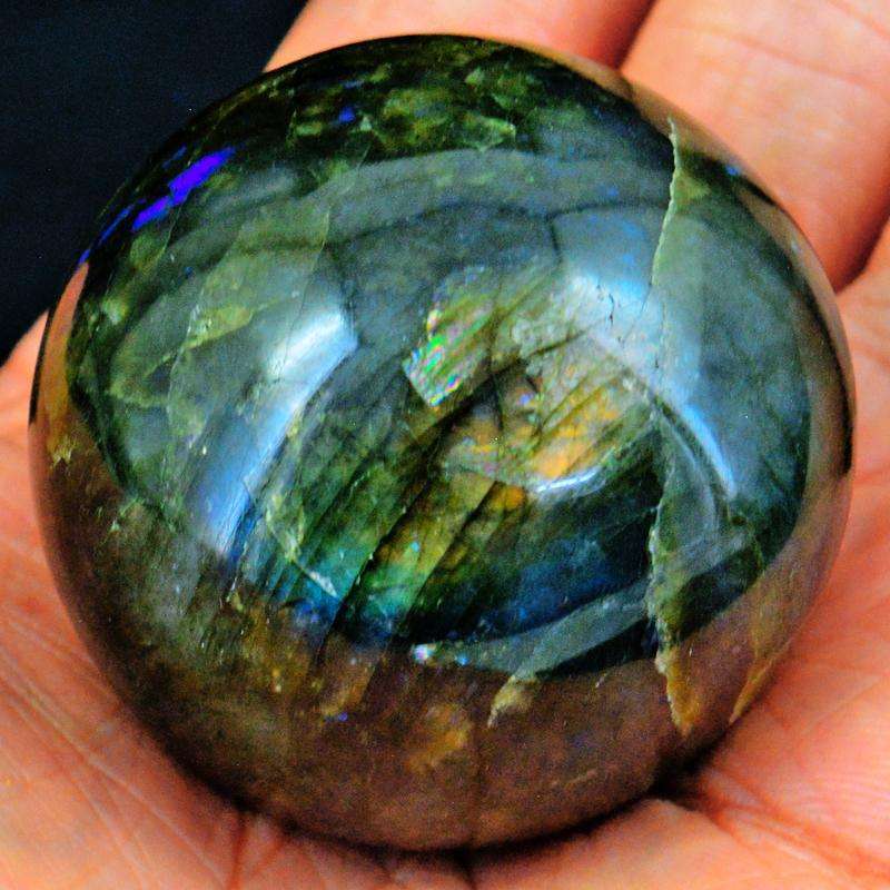 gemsmore:Blue Flash Labradorite Carved Reiki Healing Sphere