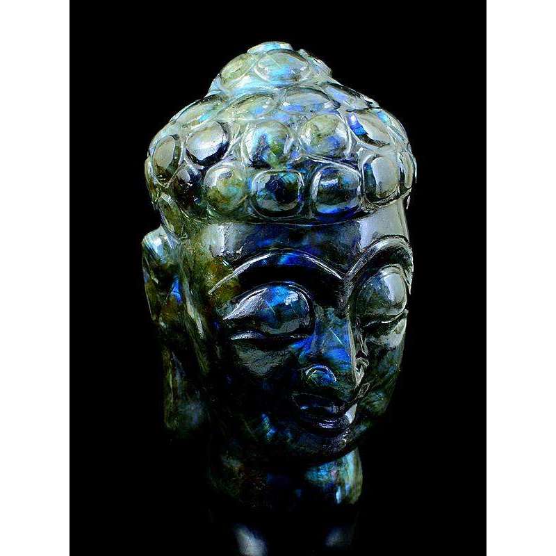 gemsmore:Blue Flash Labradorite Gemstone Carved Lord Buddha Head Idol Statute