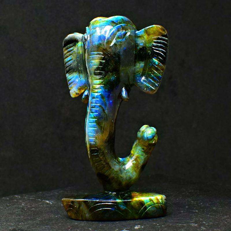 gemsmore:Blue Flash Labradorite Gemstone Carved Lord Ganesha Head