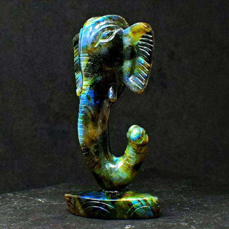 gemsmore:Blue Flash Labradorite Gemstone Carved Lord Ganesha Head