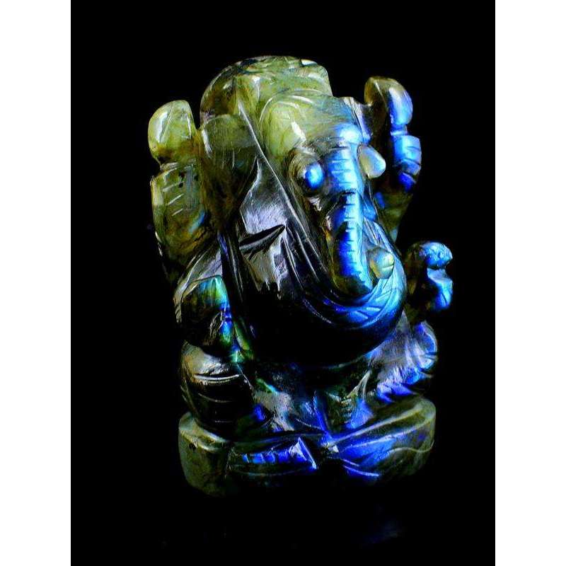 gemsmore:Blue Flash Labradorite Gemstone Carved Lord Ganesha Idol Statute
