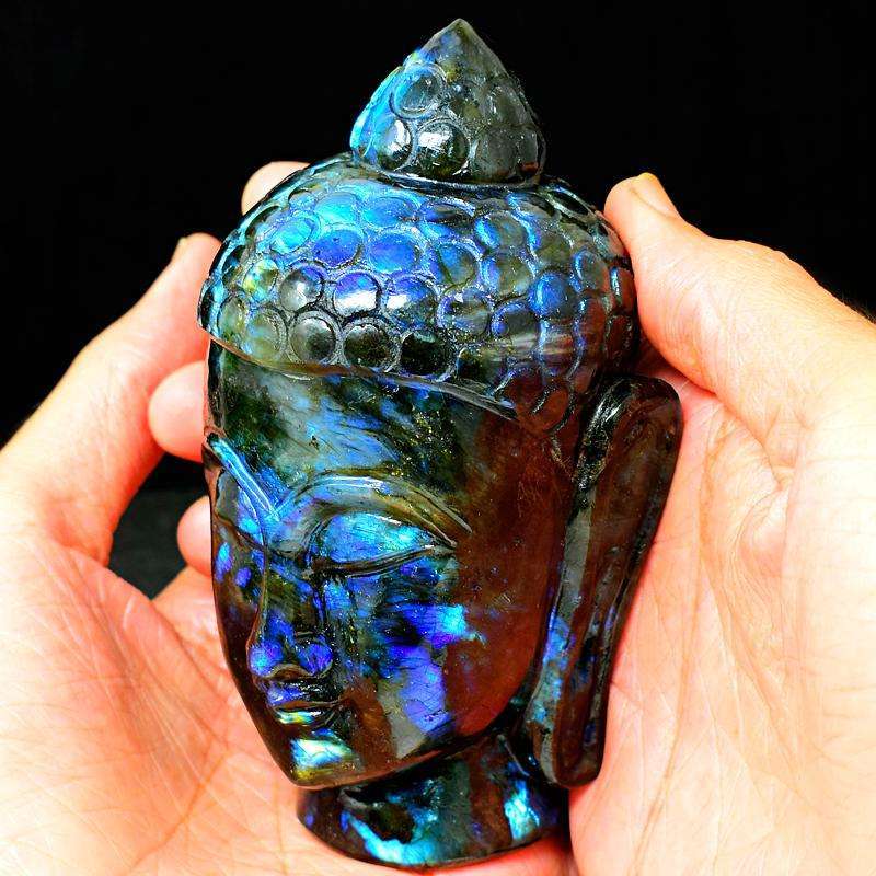 gemsmore:Blue Flash Labradorite Hand Carved Buddha Head