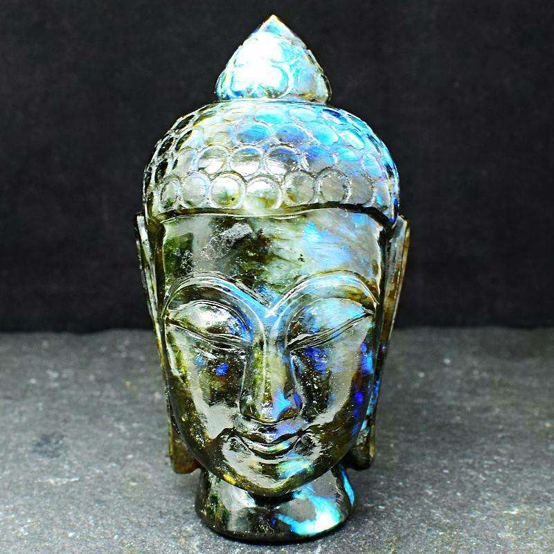 gemsmore:Blue Flash Labradorite Hand Carved Buddha Head