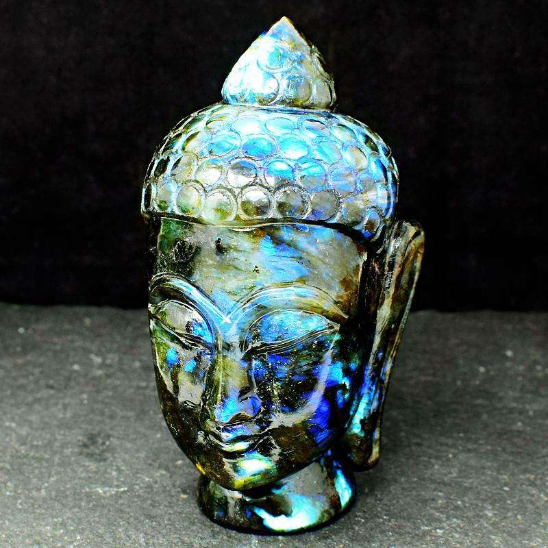 gemsmore:Blue Flash Labradorite Hand Carved Buddha Head
