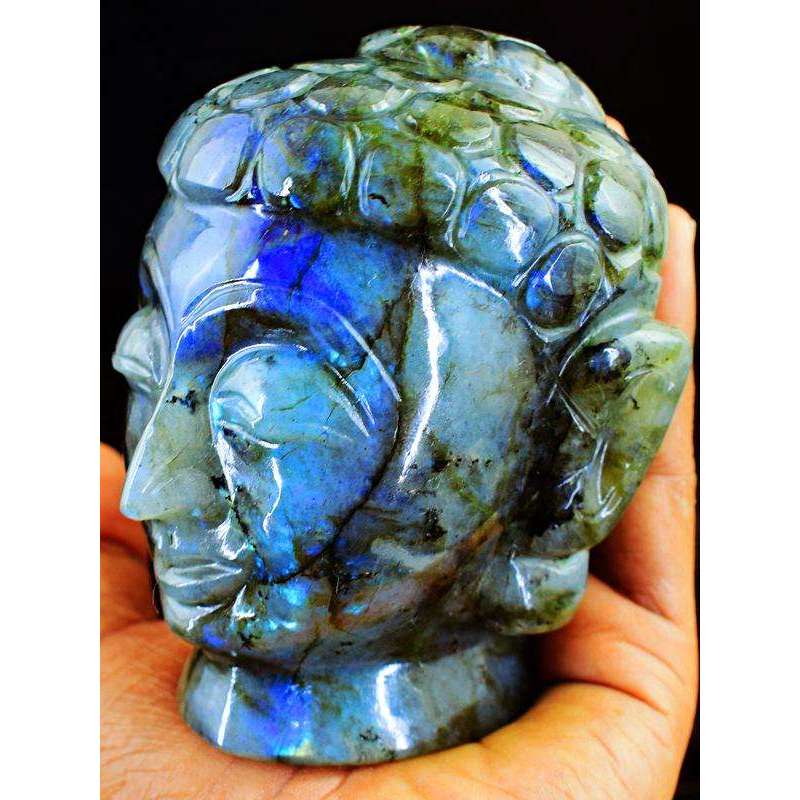 gemsmore:Blue Flash Labradorite Hand Carved Buddha Head