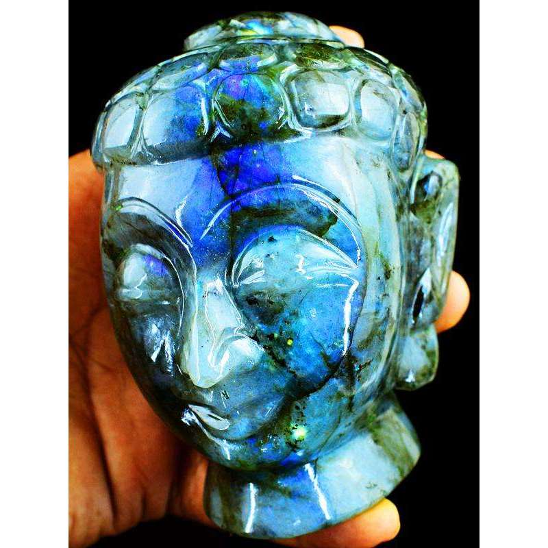 gemsmore:Blue Flash Labradorite Hand Carved Buddha Head