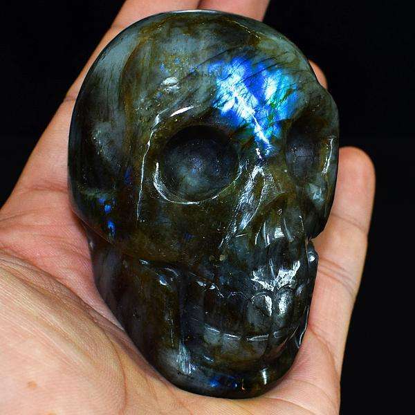 gemsmore:Blue Flash Labradorite Hand Carved Human Skull