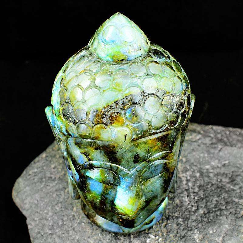 gemsmore:Blue Flash Labradorite Hand Carved Lord Buddha Head