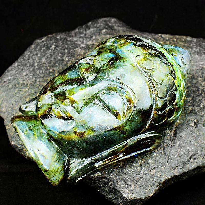gemsmore:Blue Flash Labradorite Hand Carved Lord Buddha Head