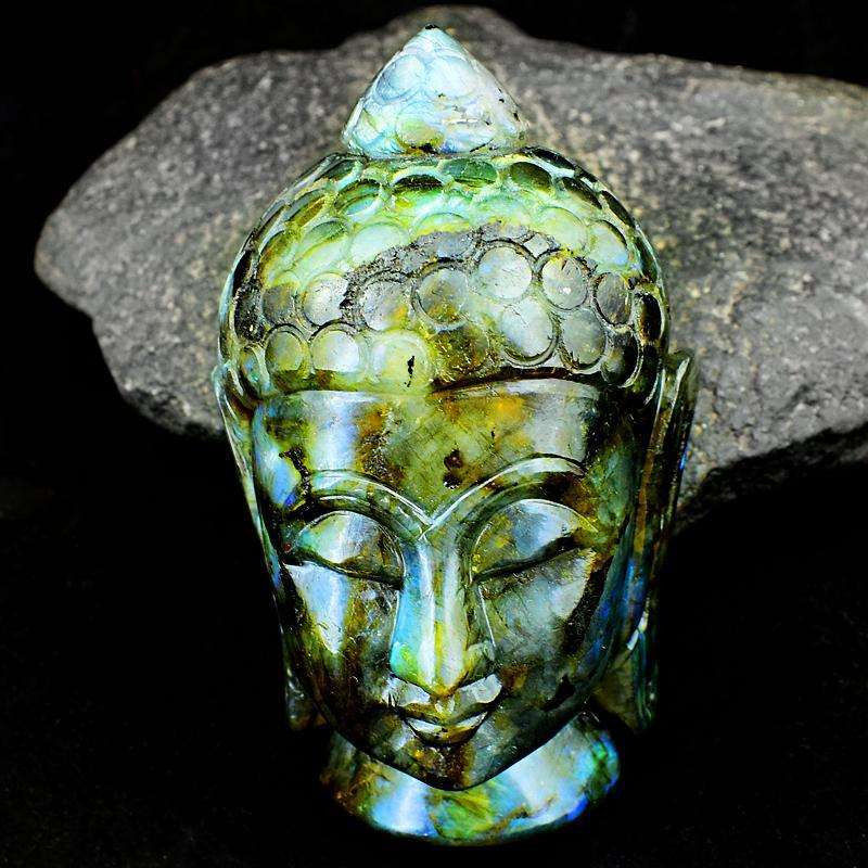 gemsmore:Blue Flash Labradorite Hand Carved Lord Buddha Head