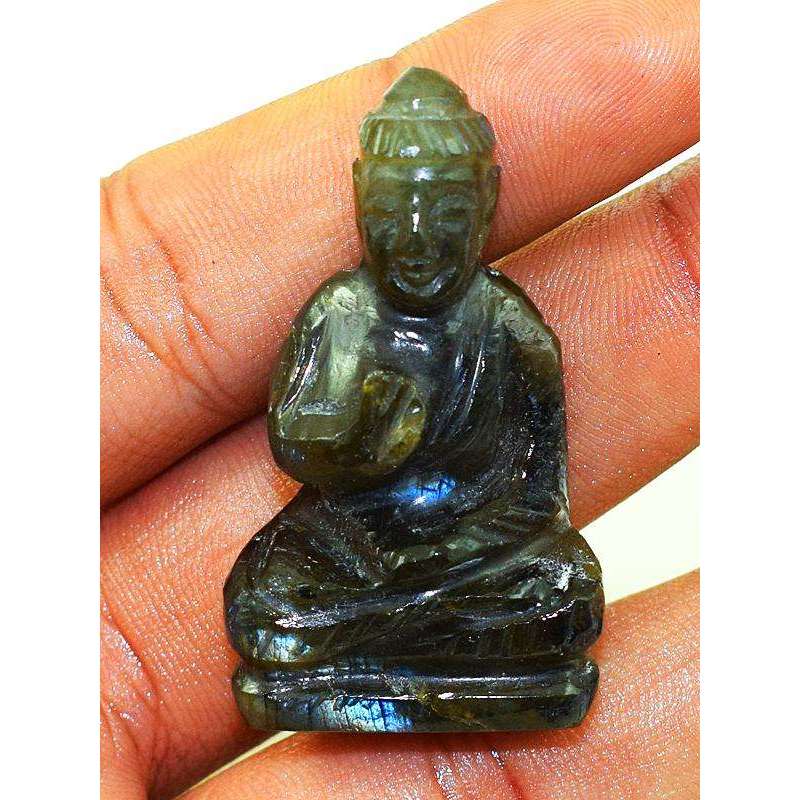 gemsmore:Blue Flash Labradorite Hand Carved Lord Buddha Idol