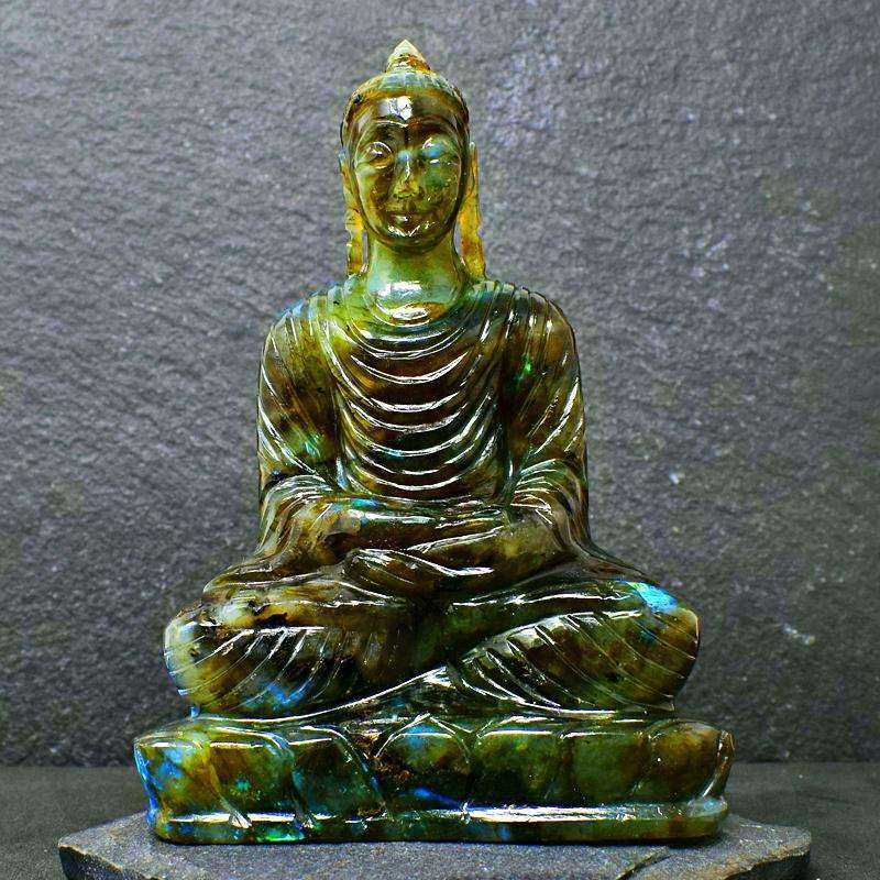 gemsmore:Blue Flash Labradorite Hand Carved Lord Buddha Idol