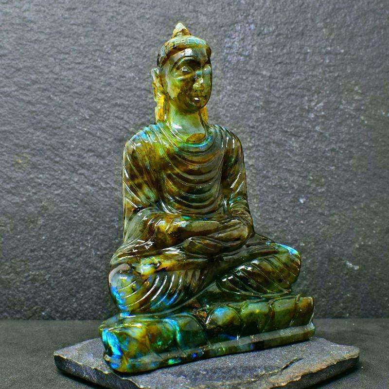 gemsmore:Blue Flash Labradorite Hand Carved Lord Buddha Idol